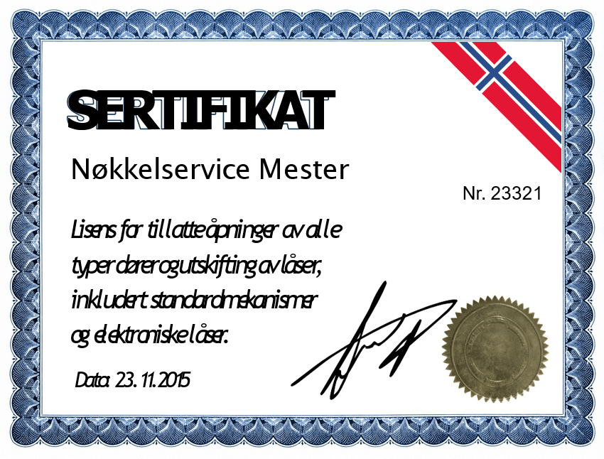 Nøkkelservicemester sertifikat på norsk med norske statsymboler